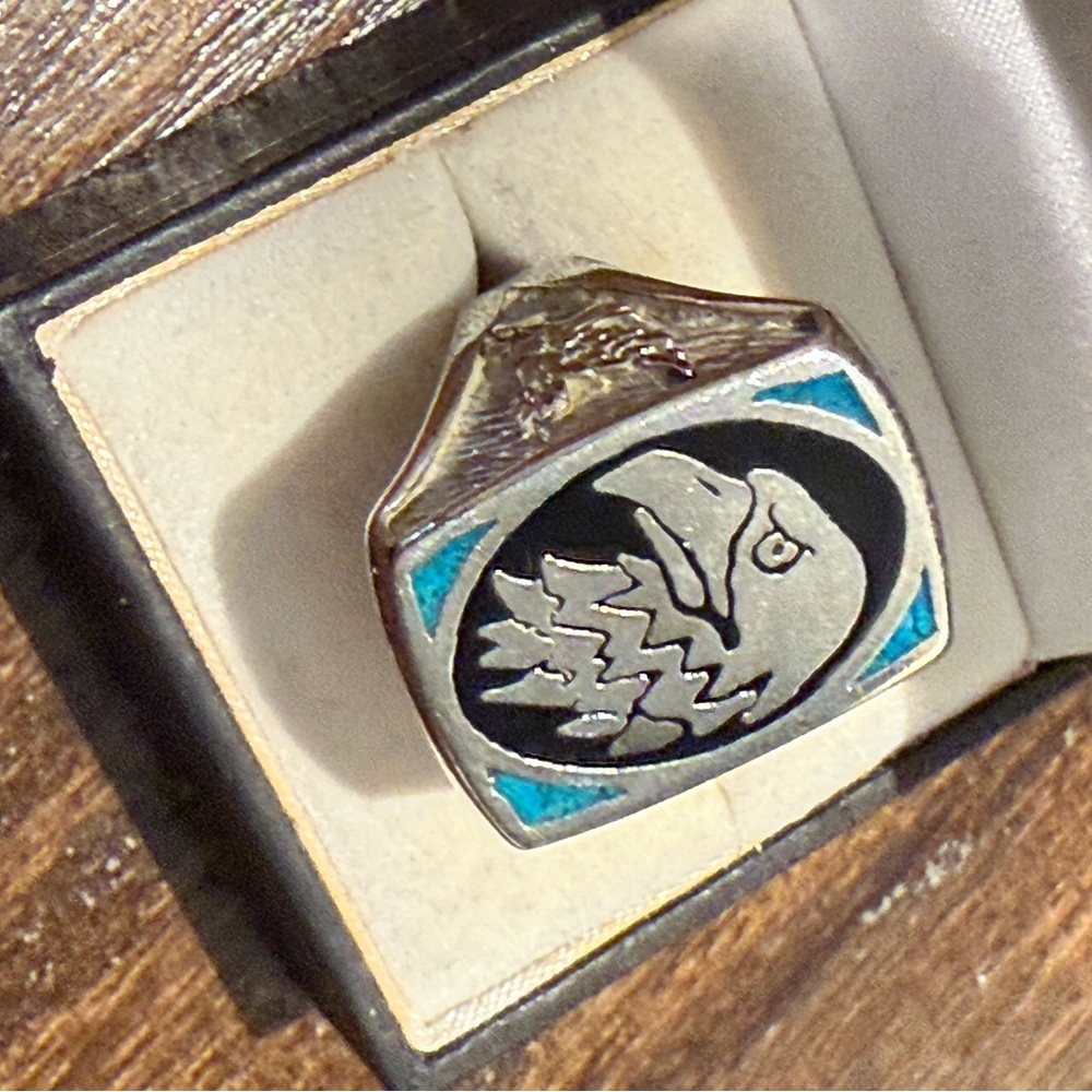 Biker Silver Eagle Ring with Black and Blue Accents